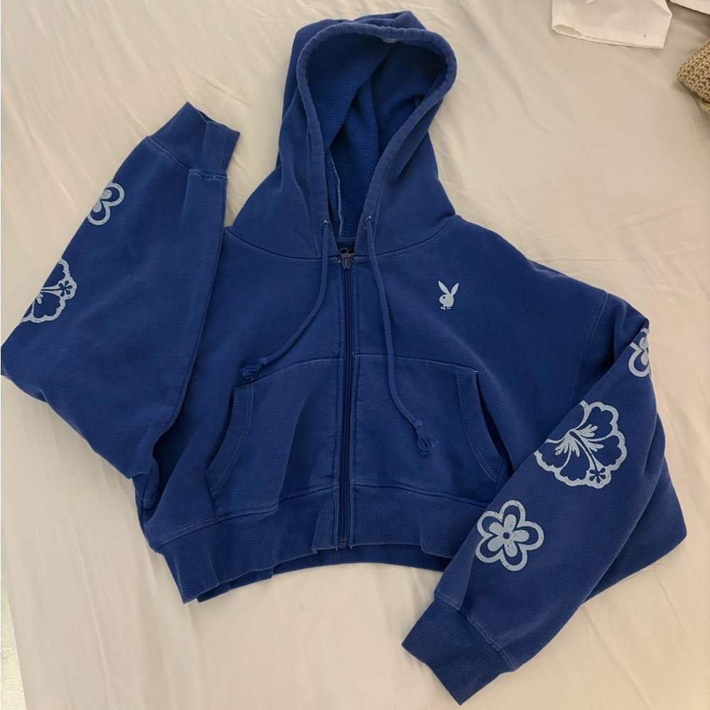 Playboy Blue Cropped Zip Up Hoodie